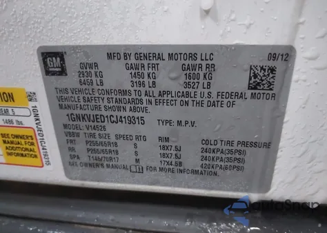 2012 Chevrolet Traverse 2Lt from USA, damaged, VIN 1GNKVJED1CJ419315